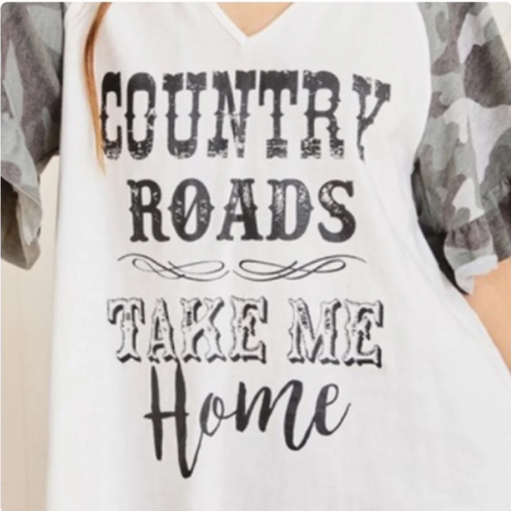 Country roads take me home V neck with camo sleeves - Picture 1 of 5